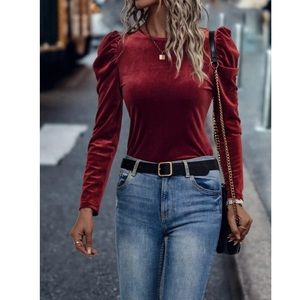Red Velvet Puff Sleeve Top
